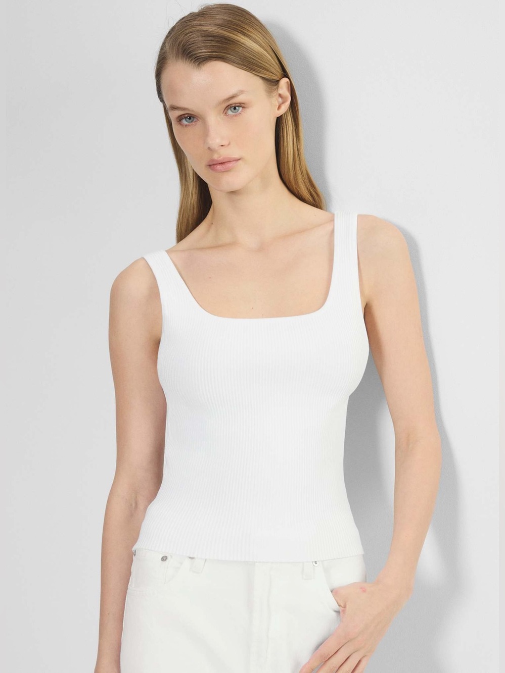 White Ribbed Square-Neck Tank Top - Women